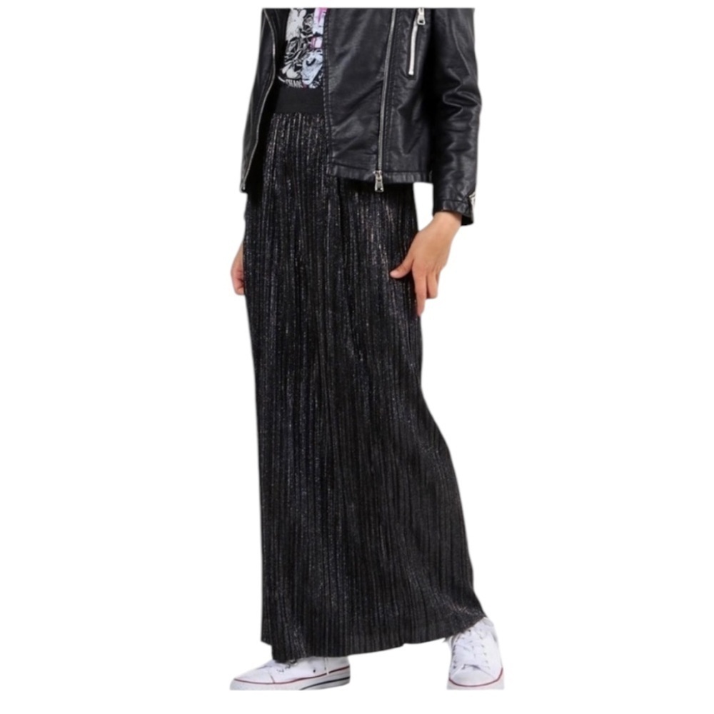 Metallic Maxi Skirt Black silver pleated Semi Sheer
